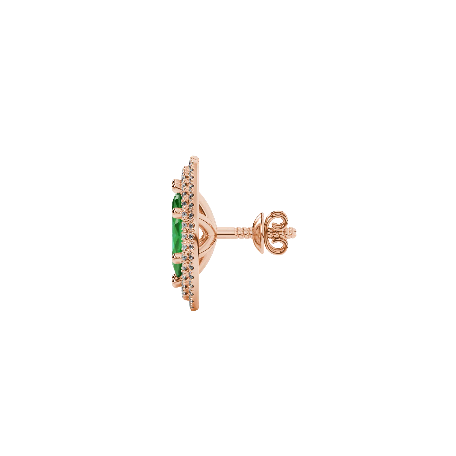 Side profile, rose gold emerald green earrings, falling edge halo gallery.