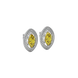 Close-up marquise cut canary yellow gemstone earing, white gold falling edge halo.