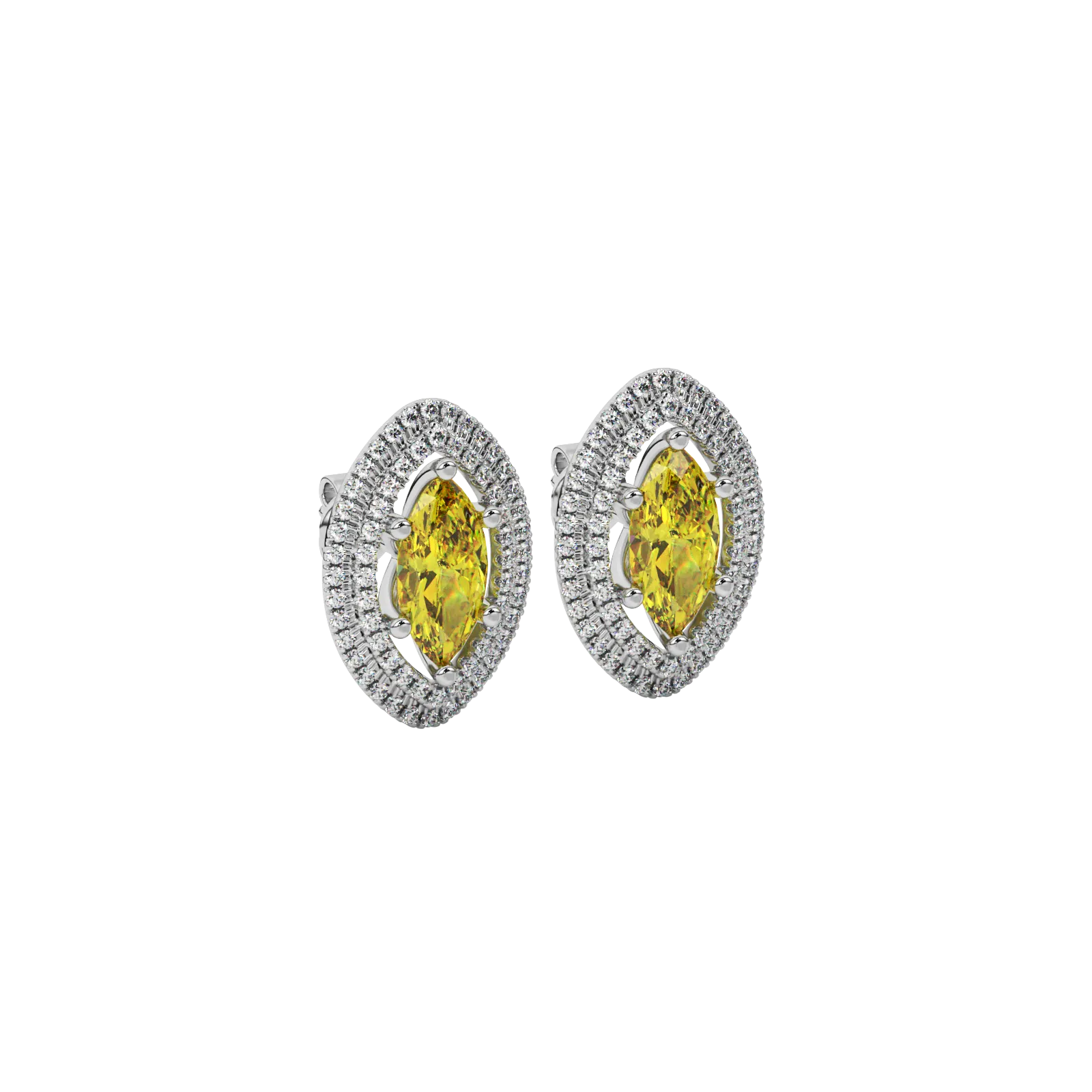Close-up marquise cut canary yellow gemstone earing, white gold falling edge halo.