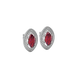 Close-up marquise cut raspberry red gemstone, white gold falling edge halo.