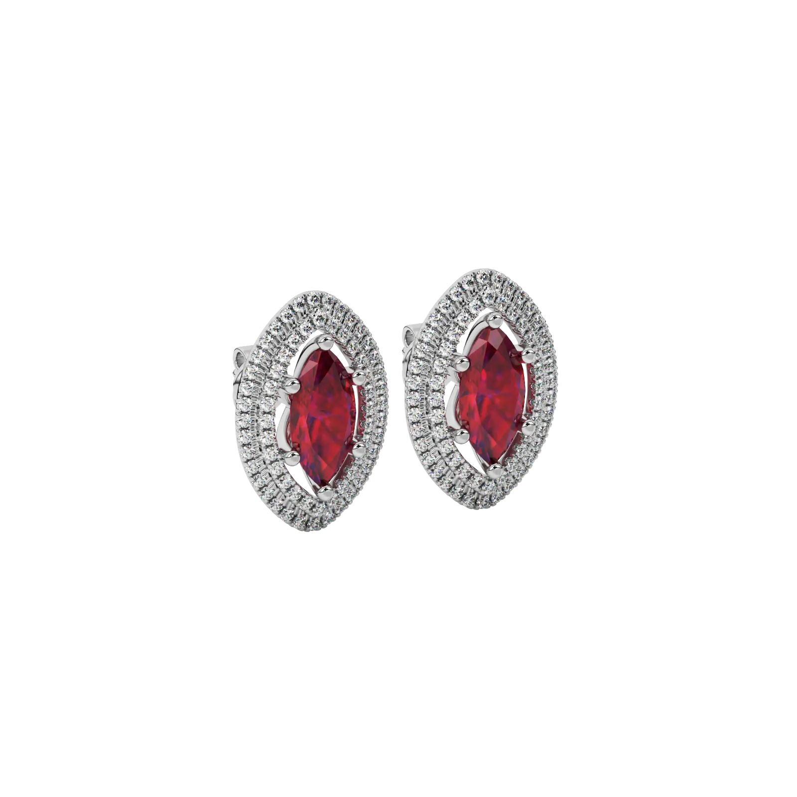 Close-up marquise cut raspberry red gemstone, white gold falling edge halo.