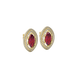 Close-up, marquise cut raspberry red gemstone, yellow gold falling edge halo earrings.