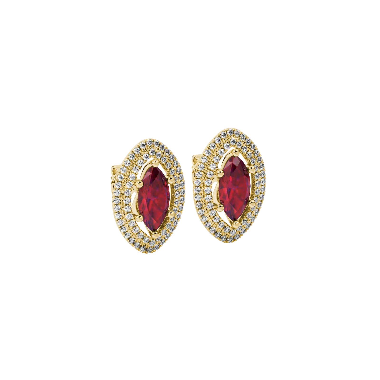 Close-up, marquise cut raspberry red gemstone, yellow gold falling edge halo earrings.