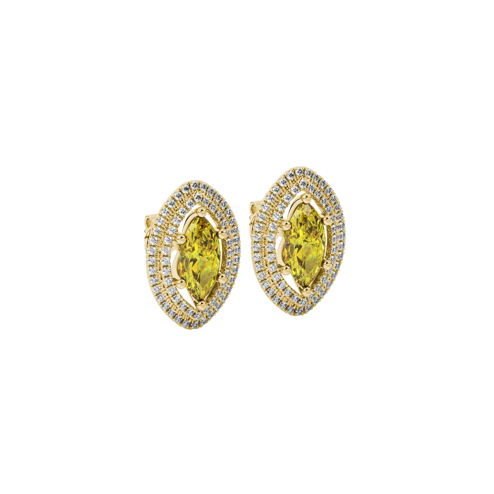 Close-up, marquise cut canary yellow gemstone, yellow gold falling edge halo earrings.