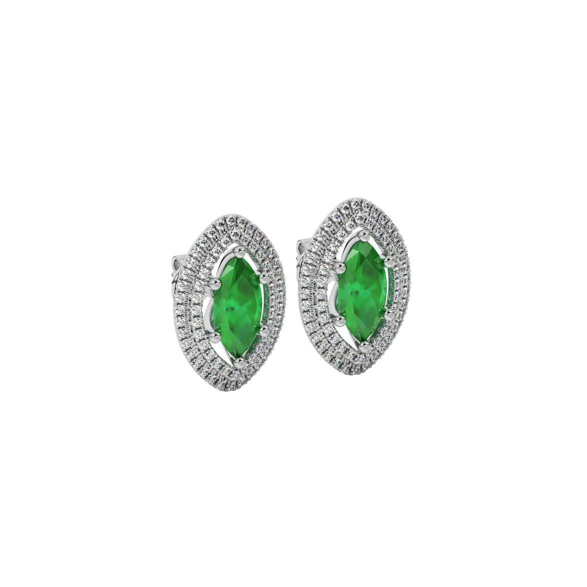 Close-up marquise cut emerald green gemstone earing, white gold falling edge halo.
