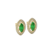 Close-up, marquise cut emerald green gemstone, yellow gold falling edge halo earrings.