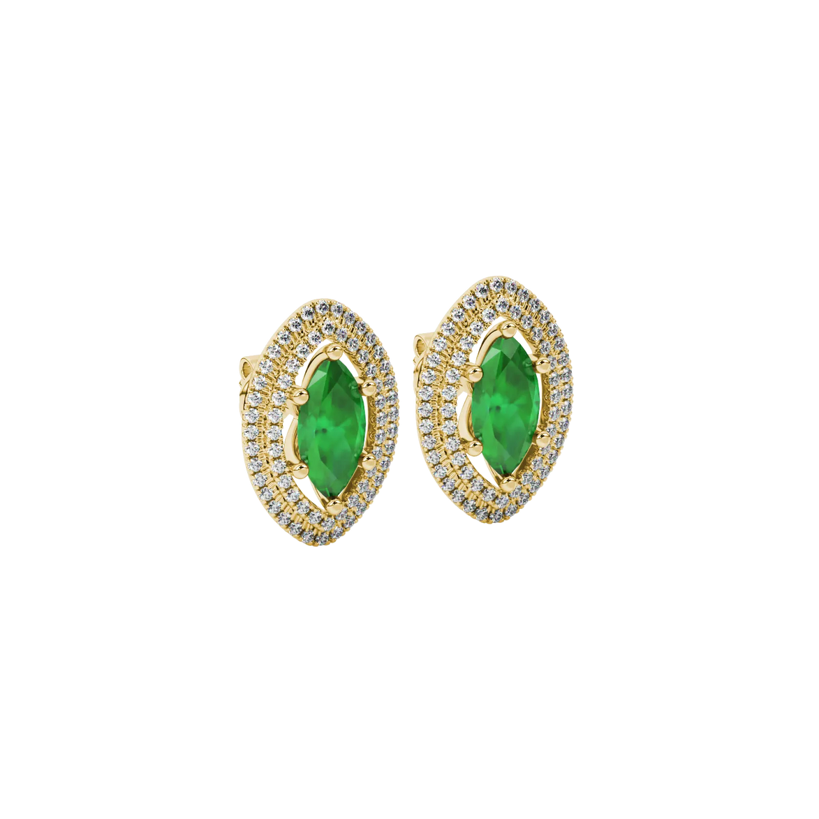 Close-up, marquise cut emerald green gemstone, yellow gold falling edge halo earrings.