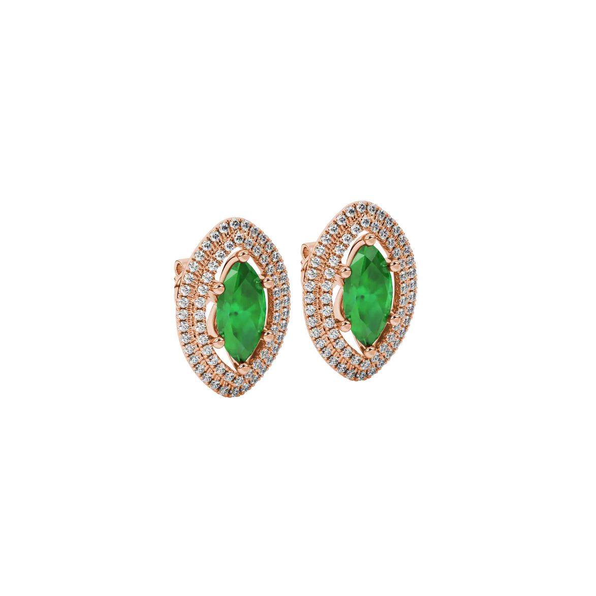 Close-up, marquise cut emerald green gemstone earrings, rose gold falling edge halo.