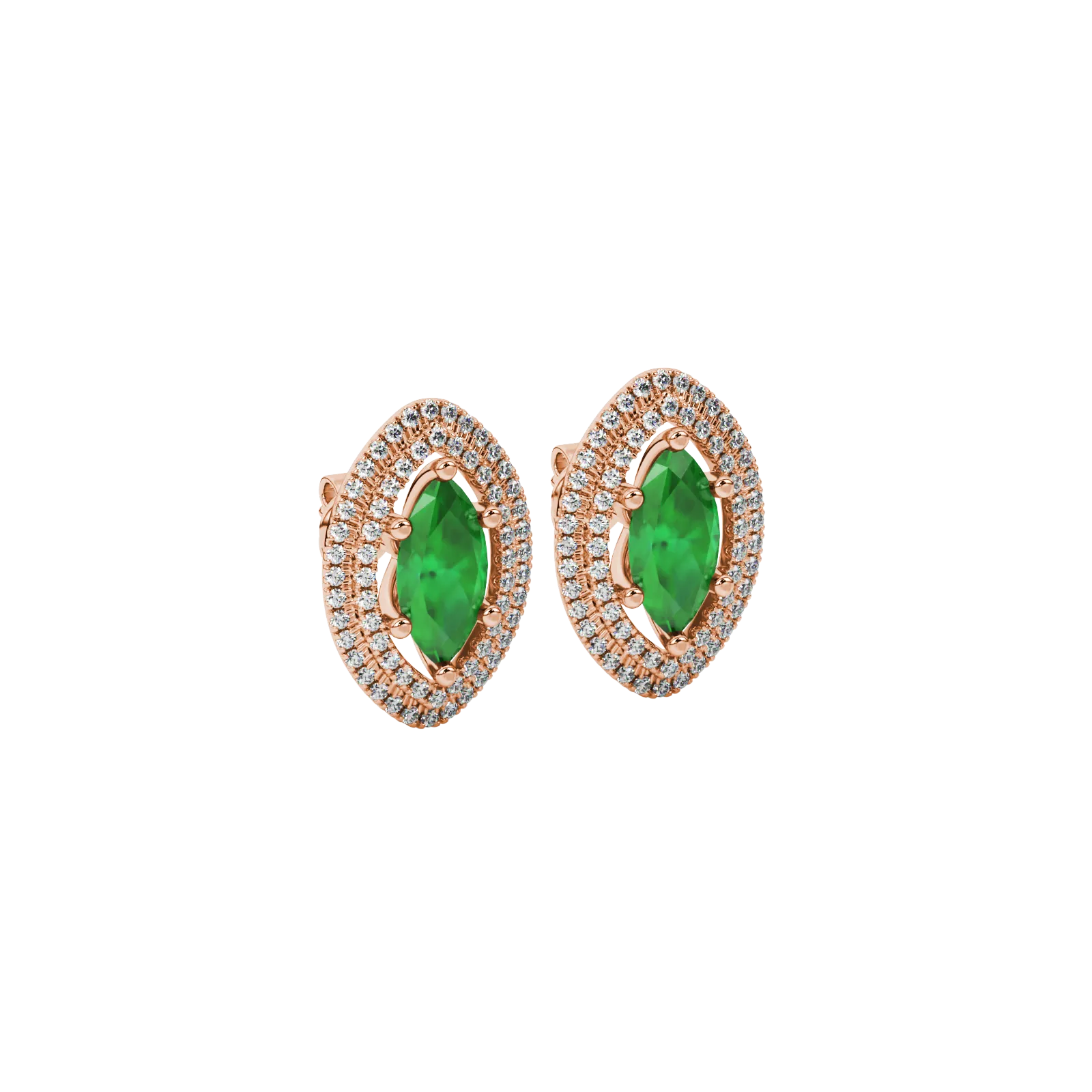 Close-up, marquise cut emerald green gemstone earrings, rose gold falling edge halo.
