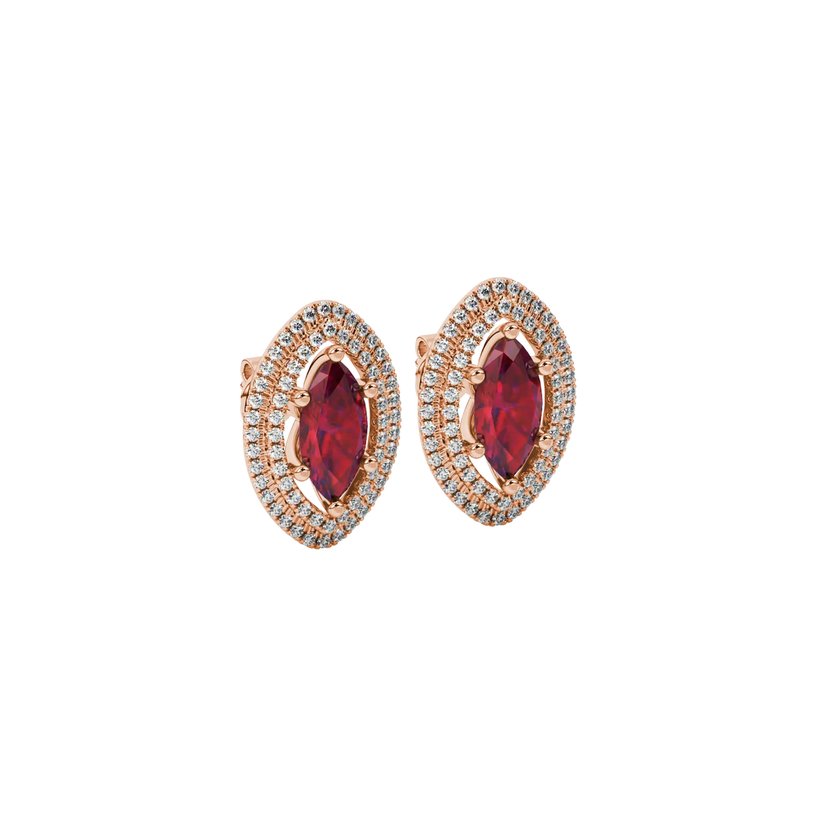 Close-up, marquise cut raspberry red gemstone earrings, rose gold falling edge halo.