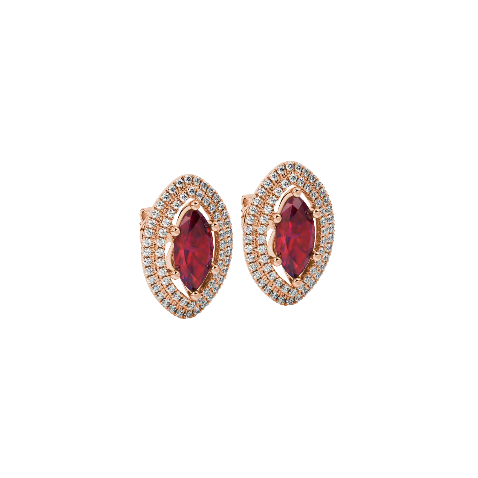 Close-up, marquise cut raspberry red gemstone earrings, rose gold falling edge halo.