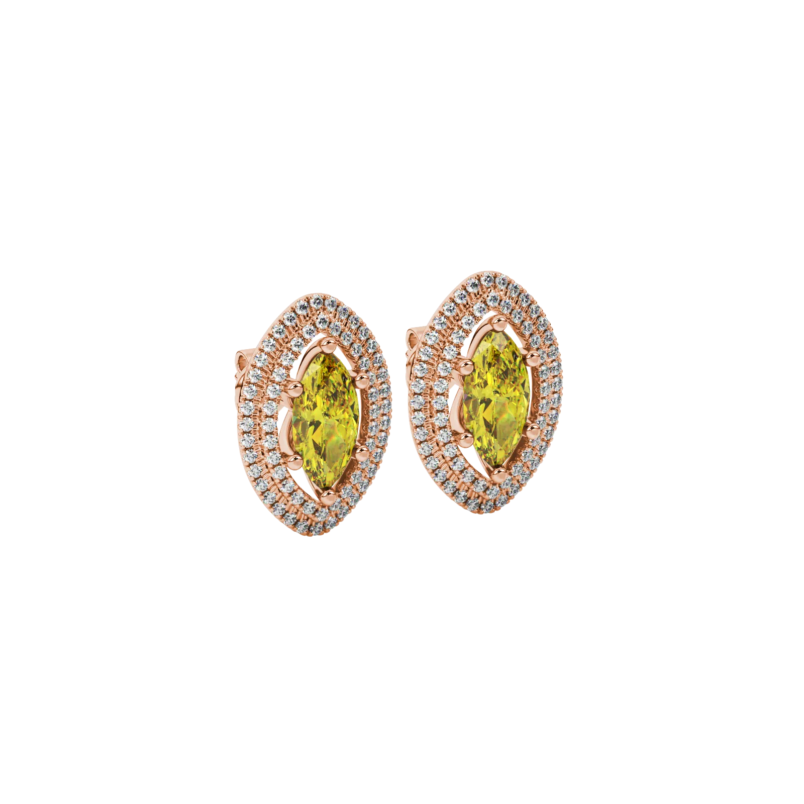 Close-up, marquise cut canary yellow gemstone earrings, rose gold falling edge halo.