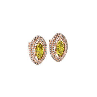Close-up, marquise cut canary yellow gemstone earrings, rose gold falling edge halo.