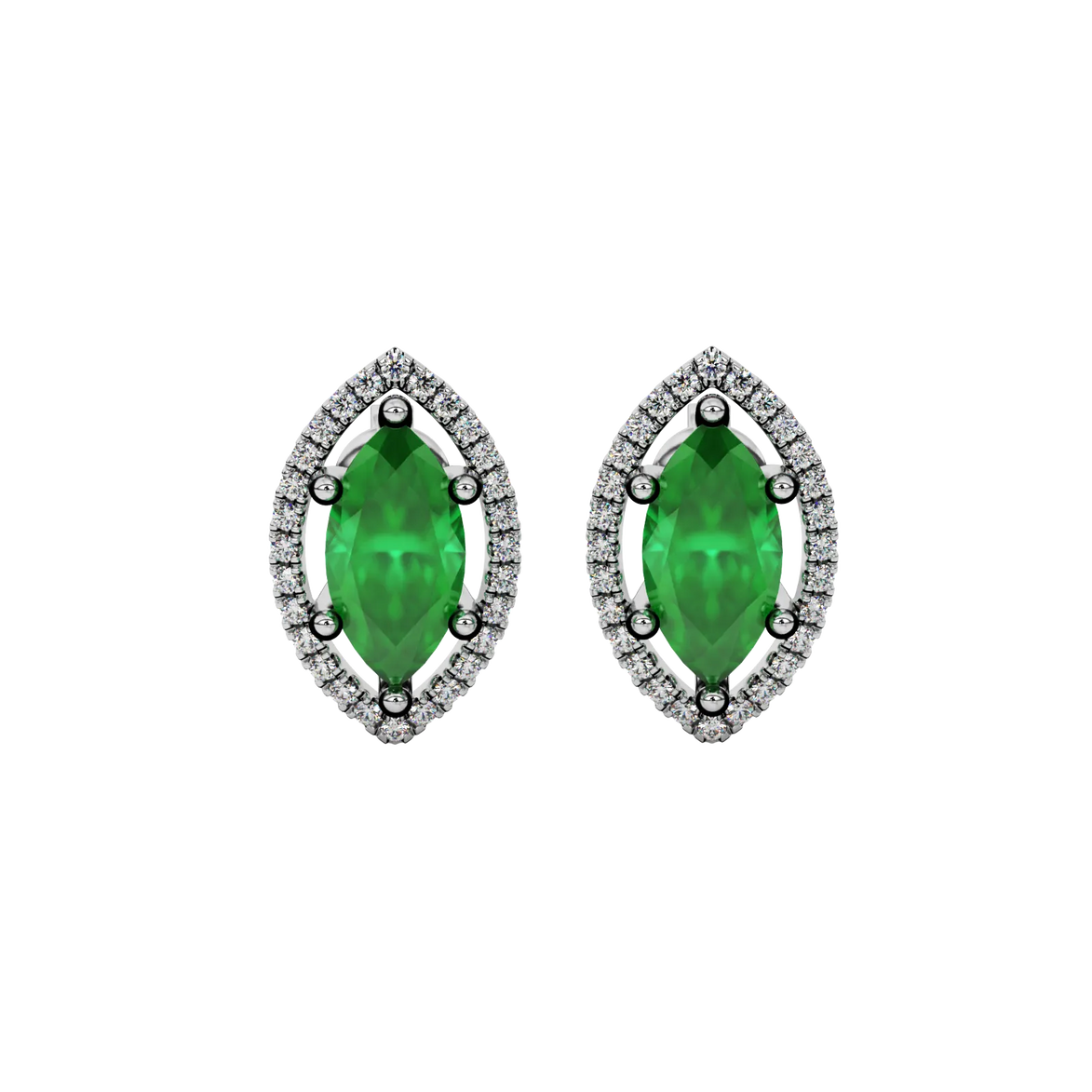 Marquise cut emerald green gemstone earrings, white gold French pavé halo setting.