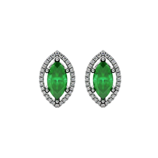 Marquise cut emerald green gemstone earrings, white gold French pavé halo setting.