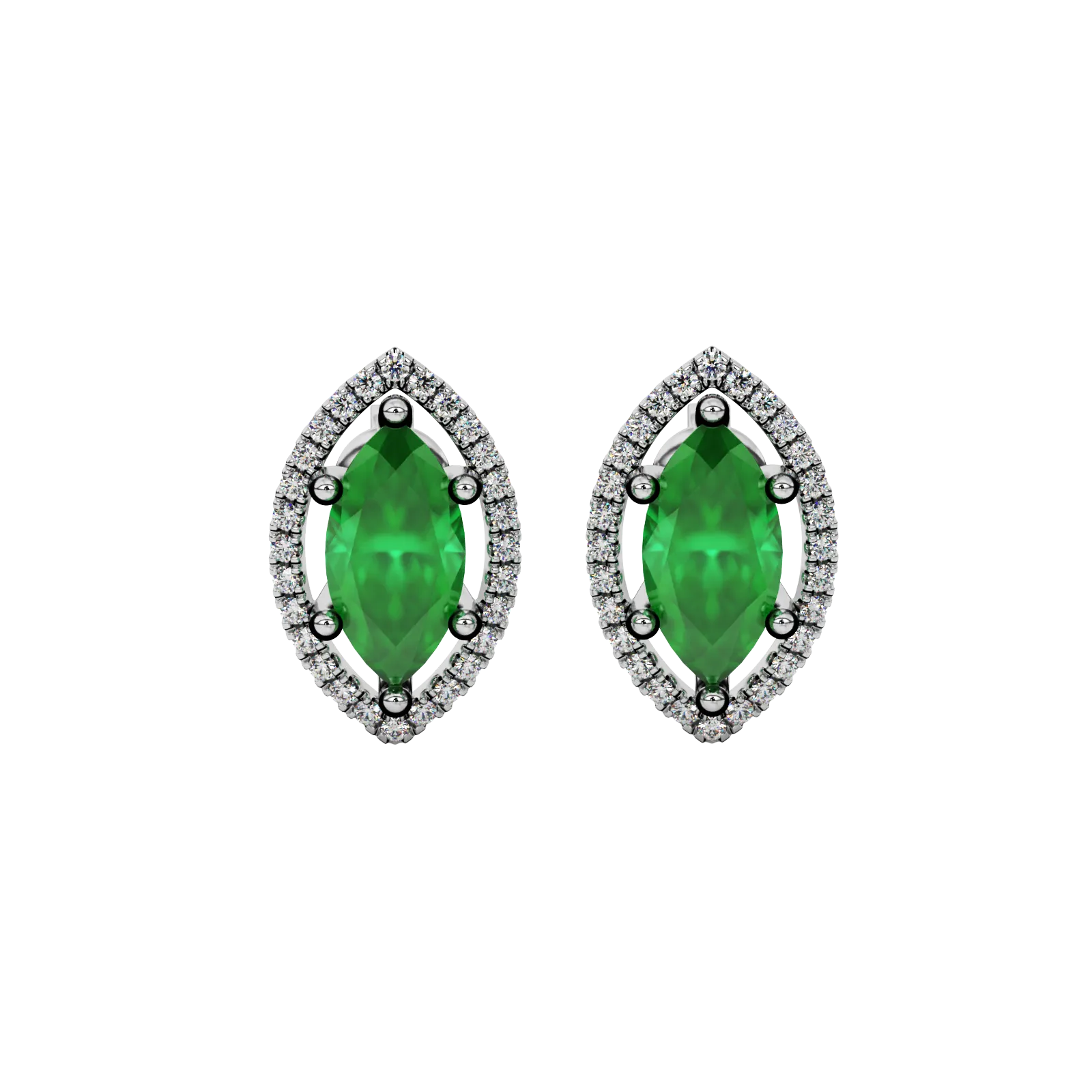 Marquise cut emerald green gemstone earrings, white gold French pavé halo setting.