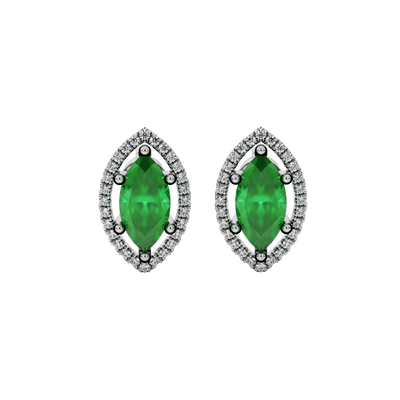 Marquise cut emerald green gemstone earrings, white gold French pavé halo setting.