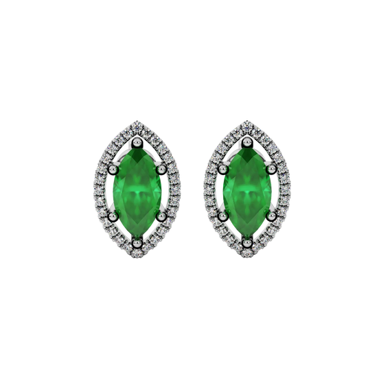 Marquise cut emerald green gemstone earrings, white gold French pavé halo setting.