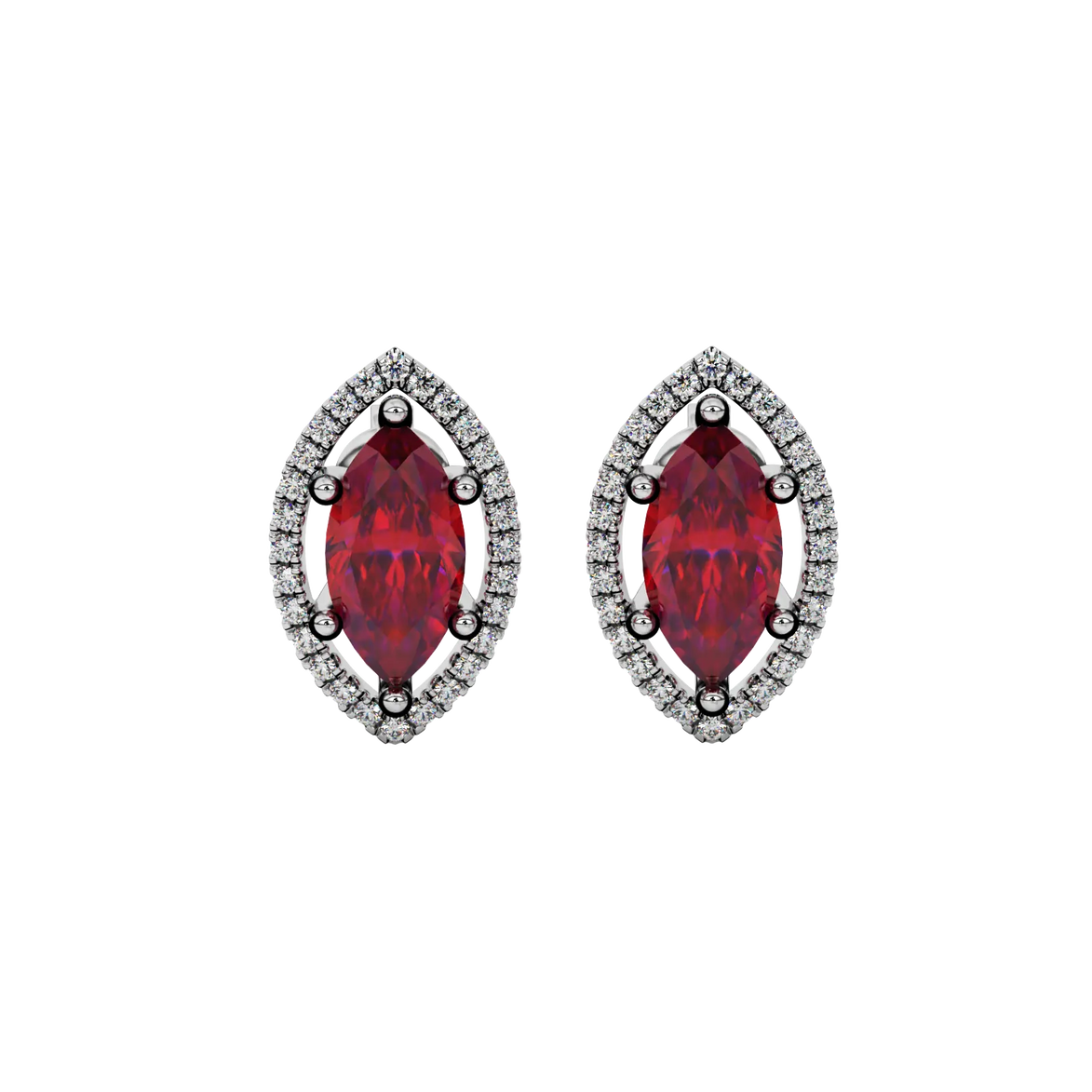 Marquise cut raspberry red gemstone earrings, white gold French pavé halo setting.