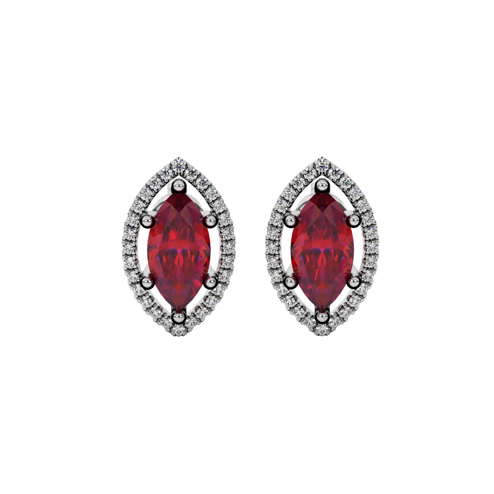 Marquise cut raspberry red gemstone earrings, white gold French pavé halo setting.