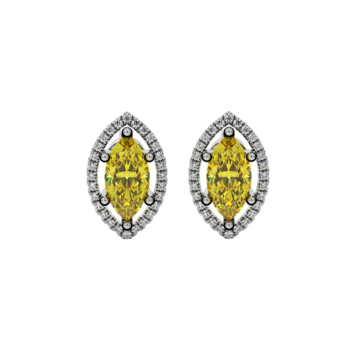 Marquise cut canary yellow gemstone earrings, white gold French pavé halo setting.