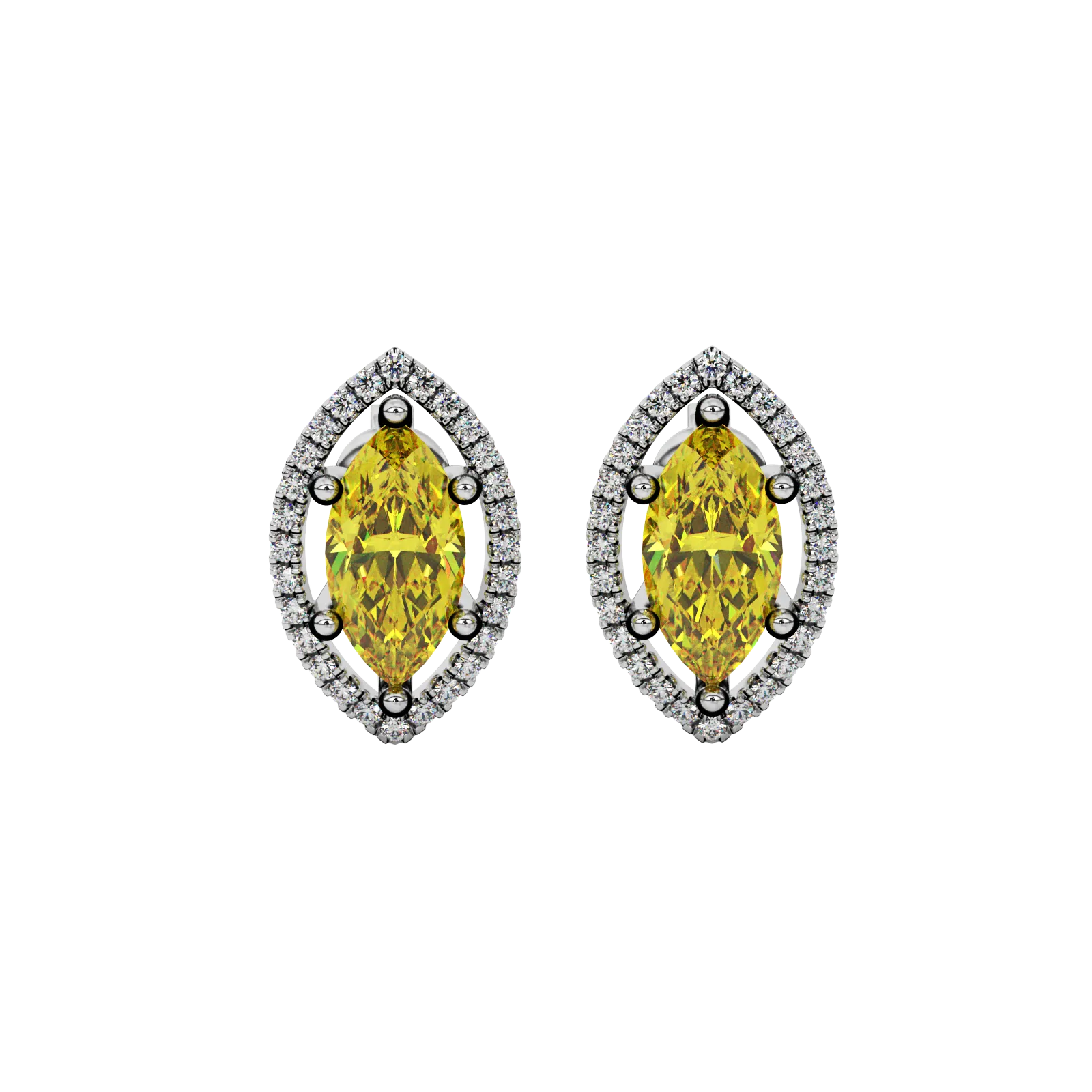 Marquise cut canary yellow gemstone earrings, white gold French pavé halo setting.