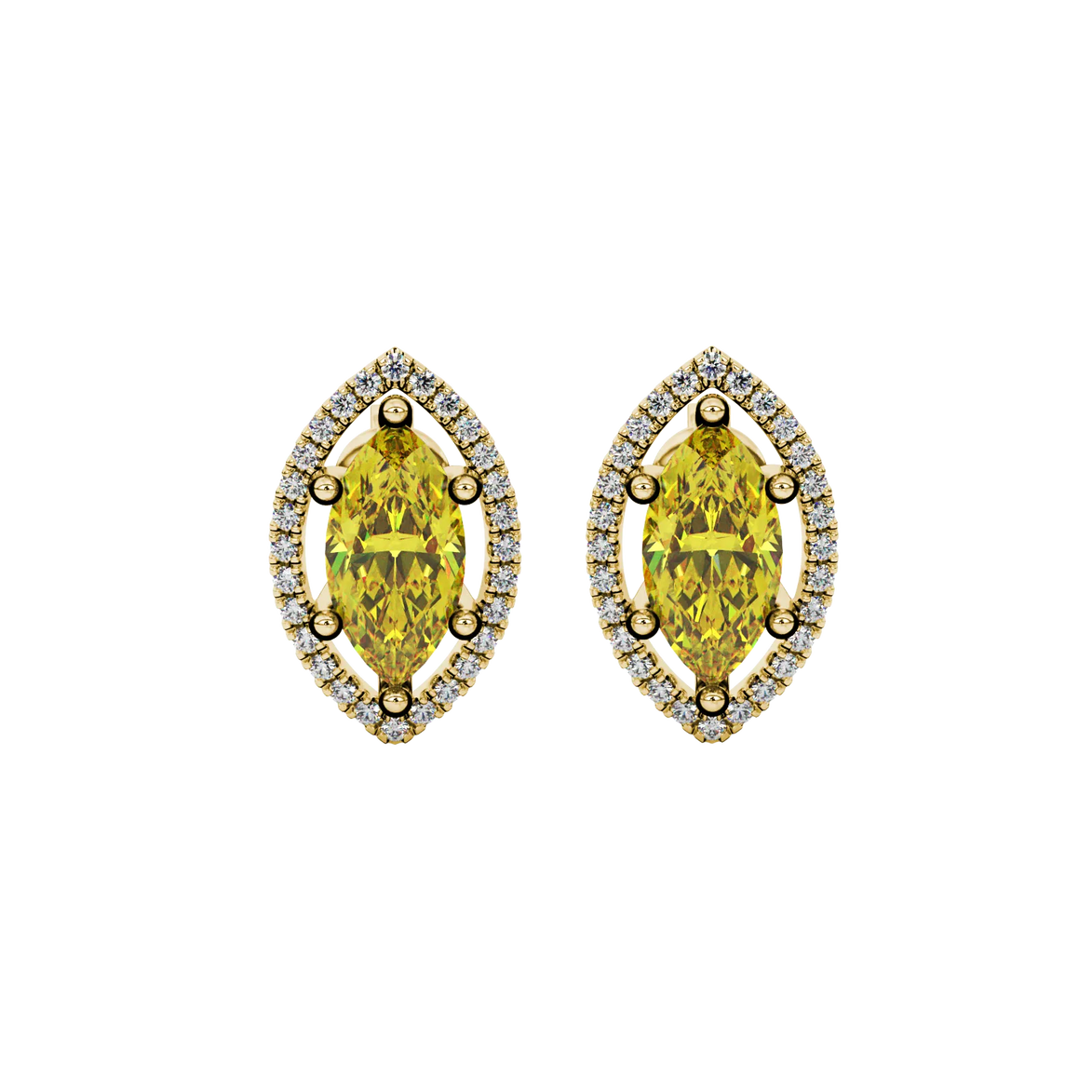 Marquise cut canary yellow gemstone earrings, yellow gold French pavé halo setting.