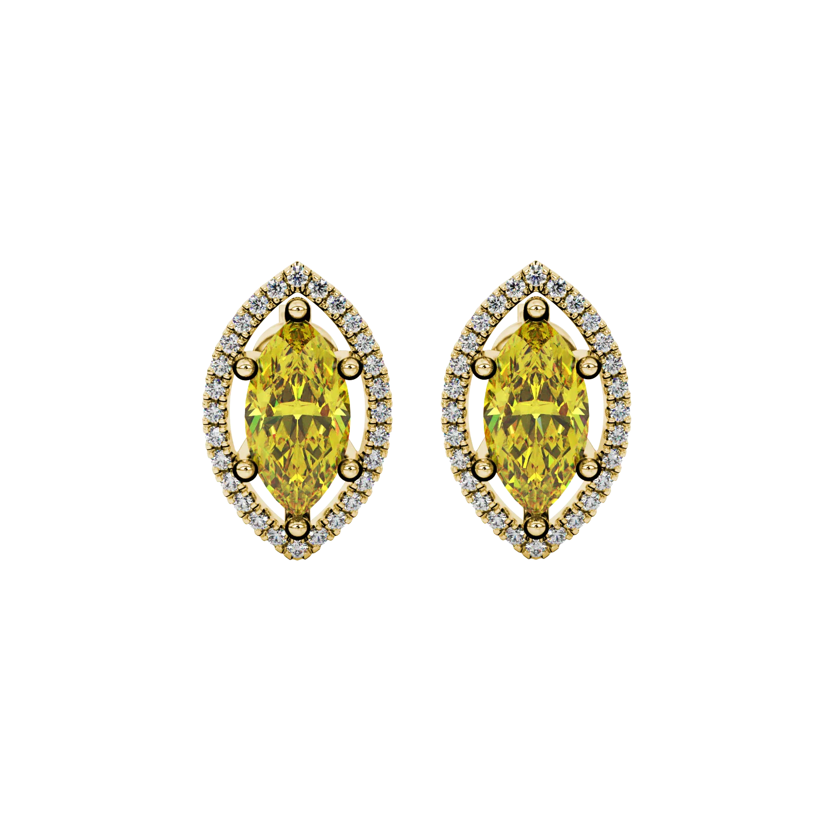Marquise cut canary yellow gemstone earrings, yellow gold French pavé halo setting.