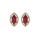 Marquise cut raspberry red gemstone earrings, yellow gold French pavé halo setting.