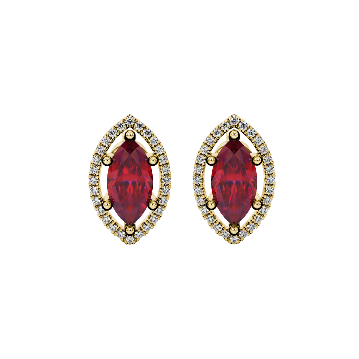 Marquise cut raspberry red gemstone earrings, yellow gold French pavé halo setting.