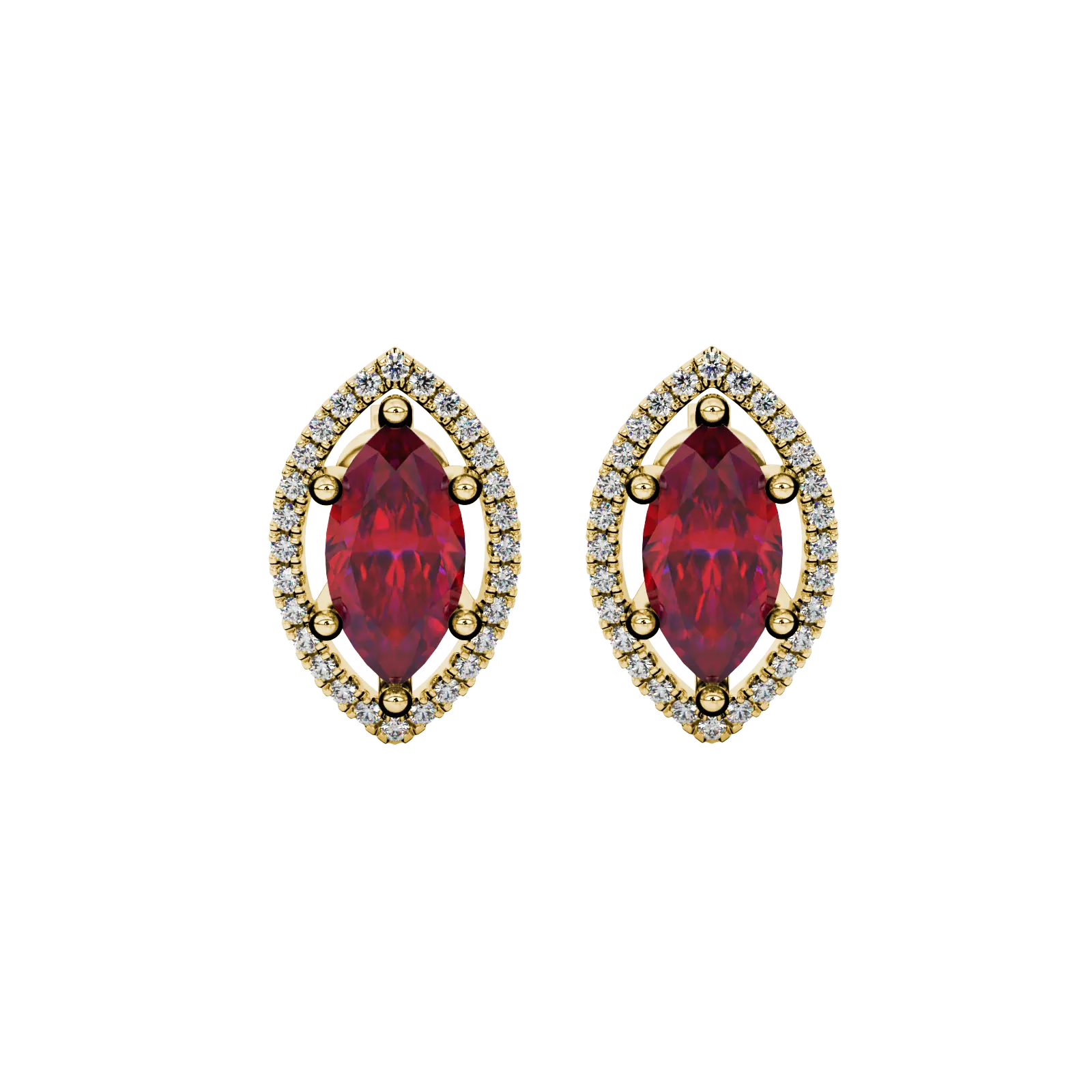 Marquise cut raspberry red gemstone earrings, yellow gold French pavé halo setting.