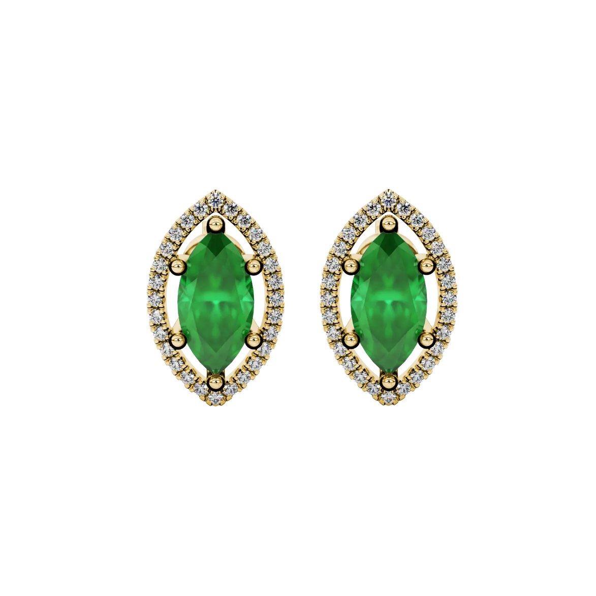 Marquise cut emerald green gemstone earrings, yellow gold French pavé halo setting.