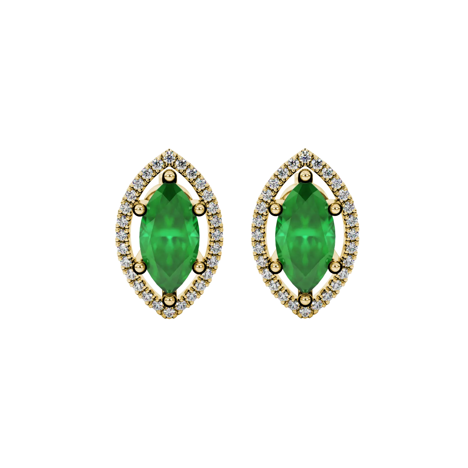 Marquise cut emerald green gemstone earrings, yellow gold French pavé halo setting.