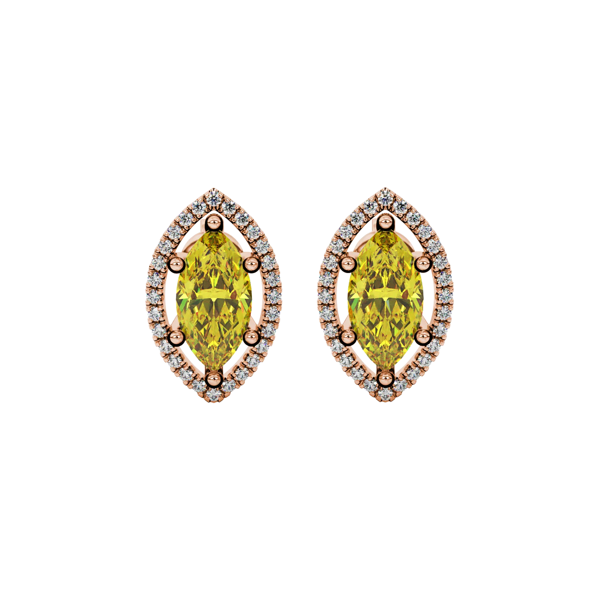 Marquise cut canary yellow gemstone earrings, rose gold French pavé halo setting.