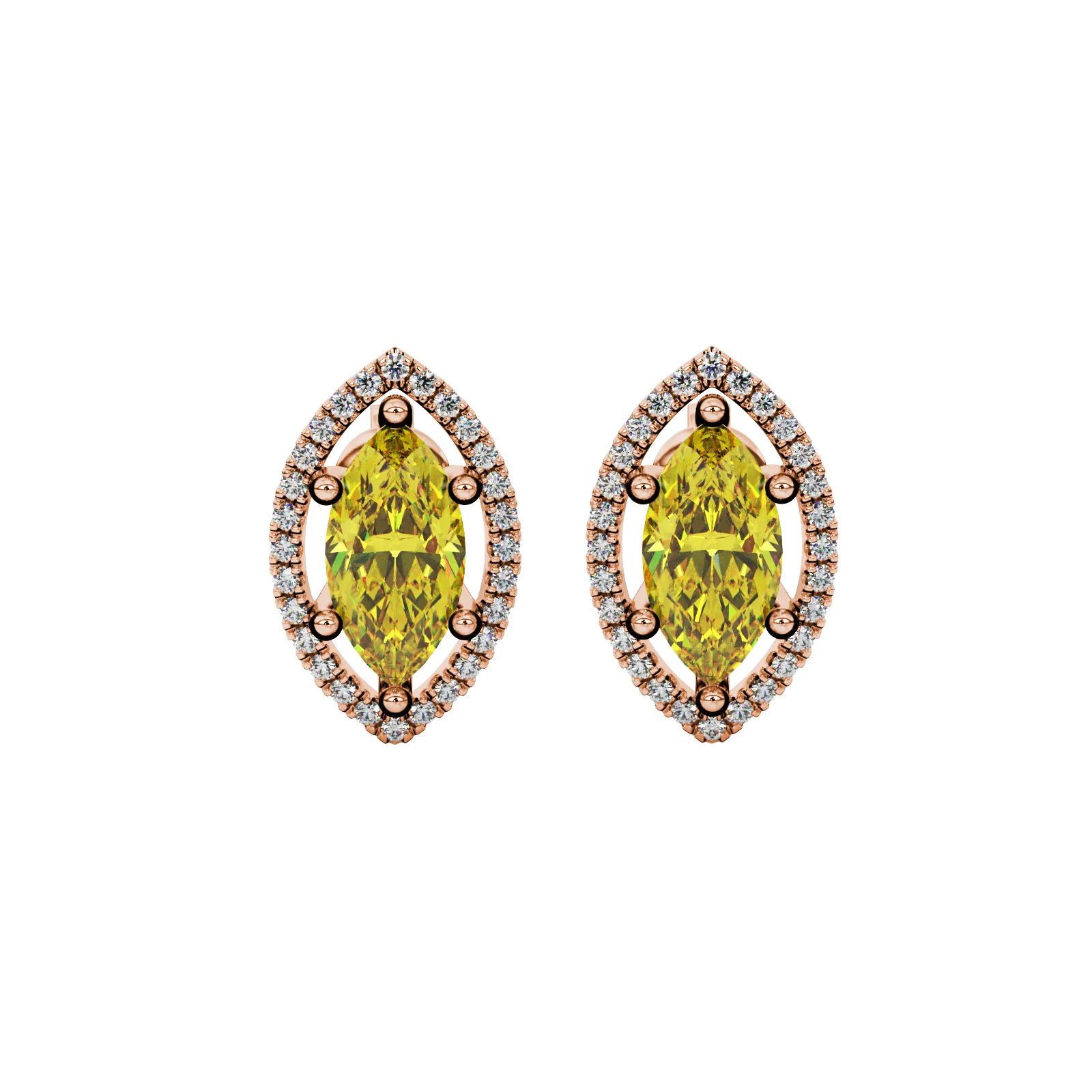 Marquise cut canary yellow gemstone earrings, rose gold French pavé halo setting.