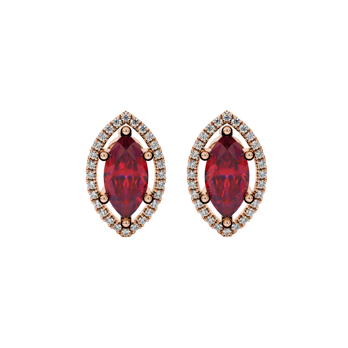 Marquise cut raspberry red gemstone earrings, rose gold French pavé halo setting.
