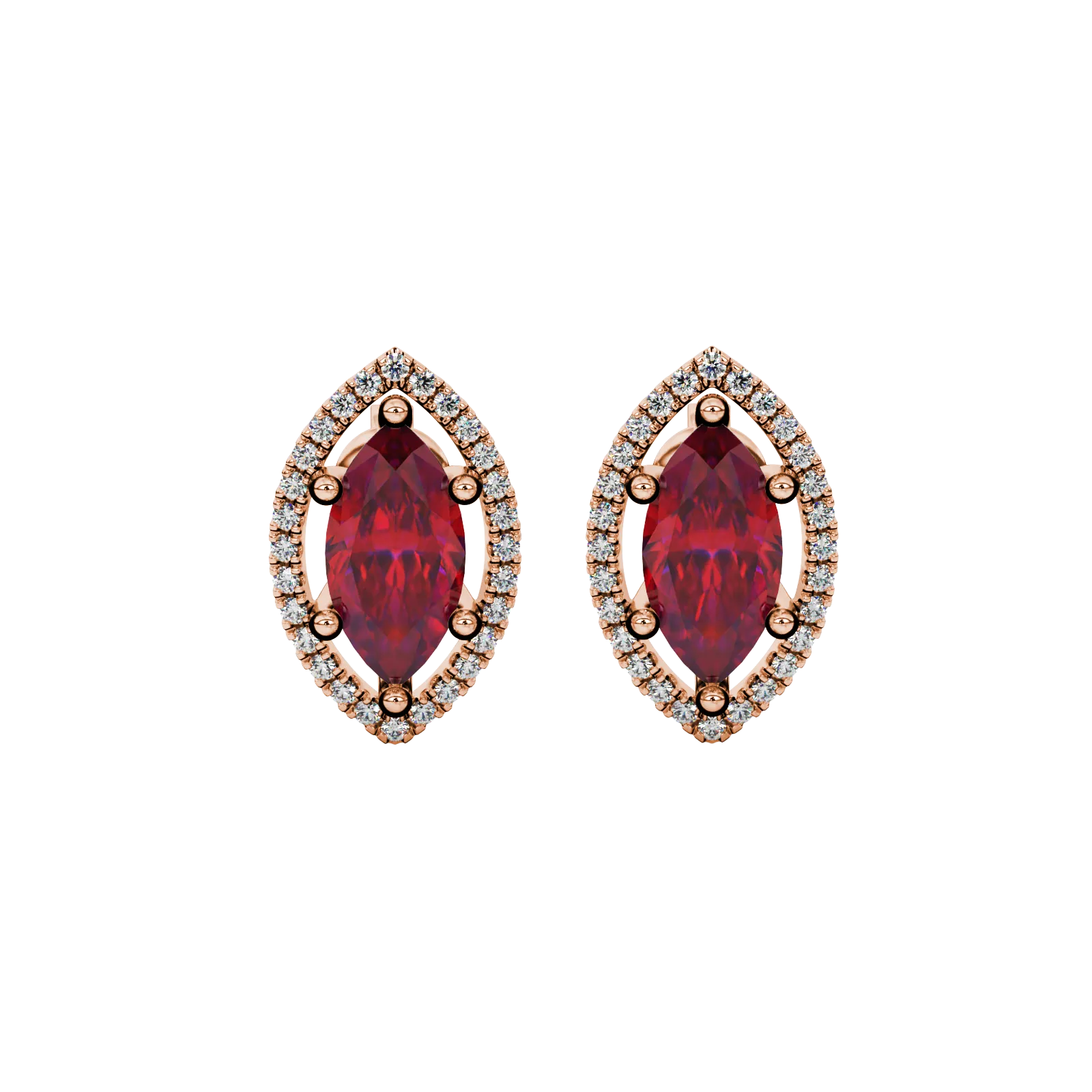 Marquise cut raspberry red gemstone earrings, rose gold French pavé halo setting.