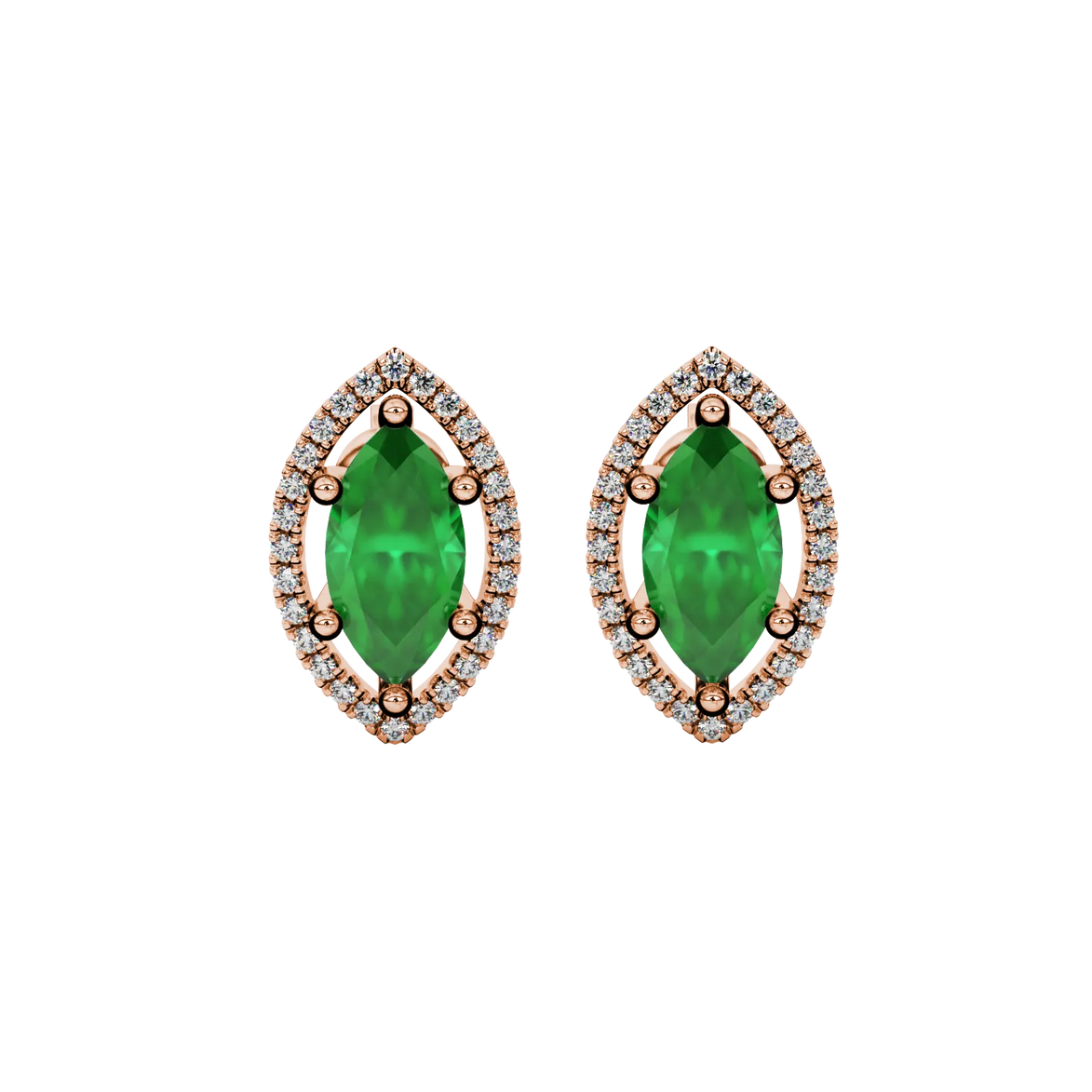 Marquise cut emerald green gemstone earrings, rose gold French pavé halo setting.