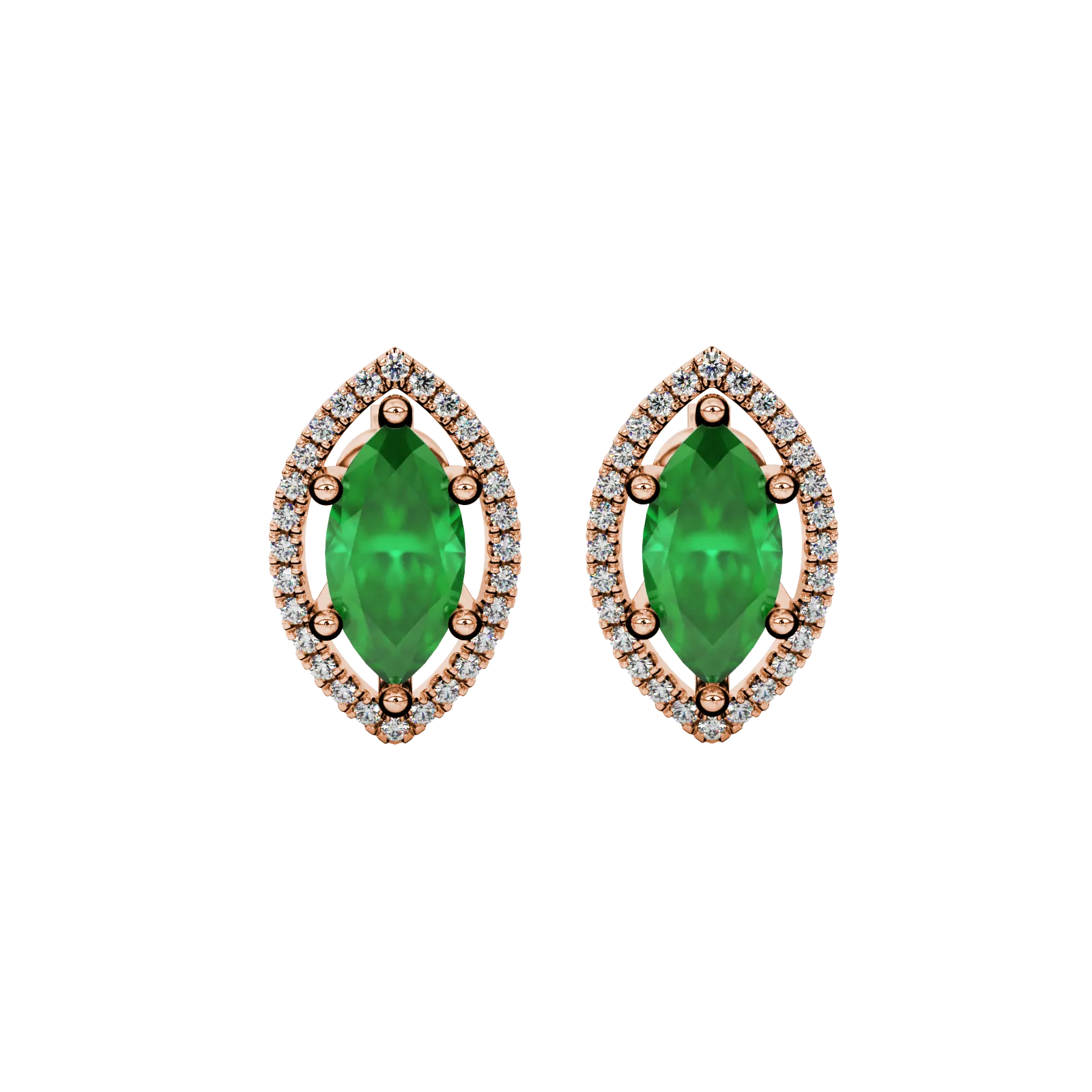 Marquise cut emerald green gemstone earrings, rose gold French pavé halo setting.