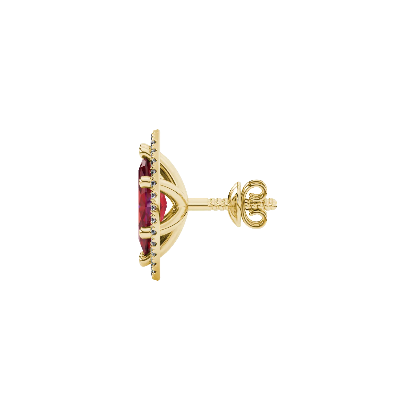 Side profile, yellow gold raspberry red earrings, French pavé halo gallery.