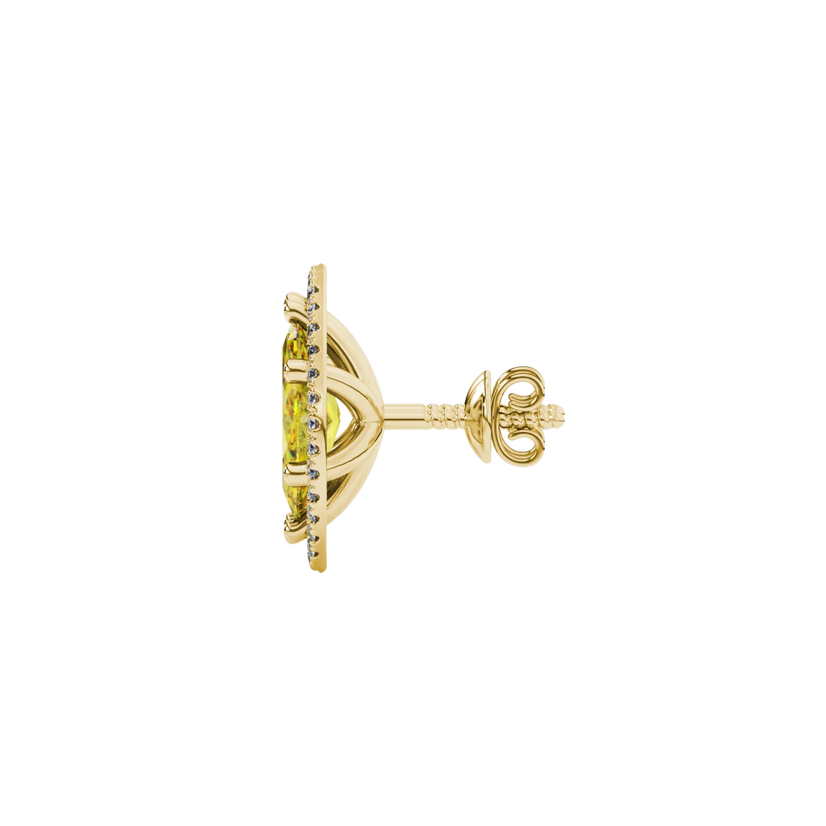 Side profile, yellow gold canary yellow earrings, French pavé halo gallery.