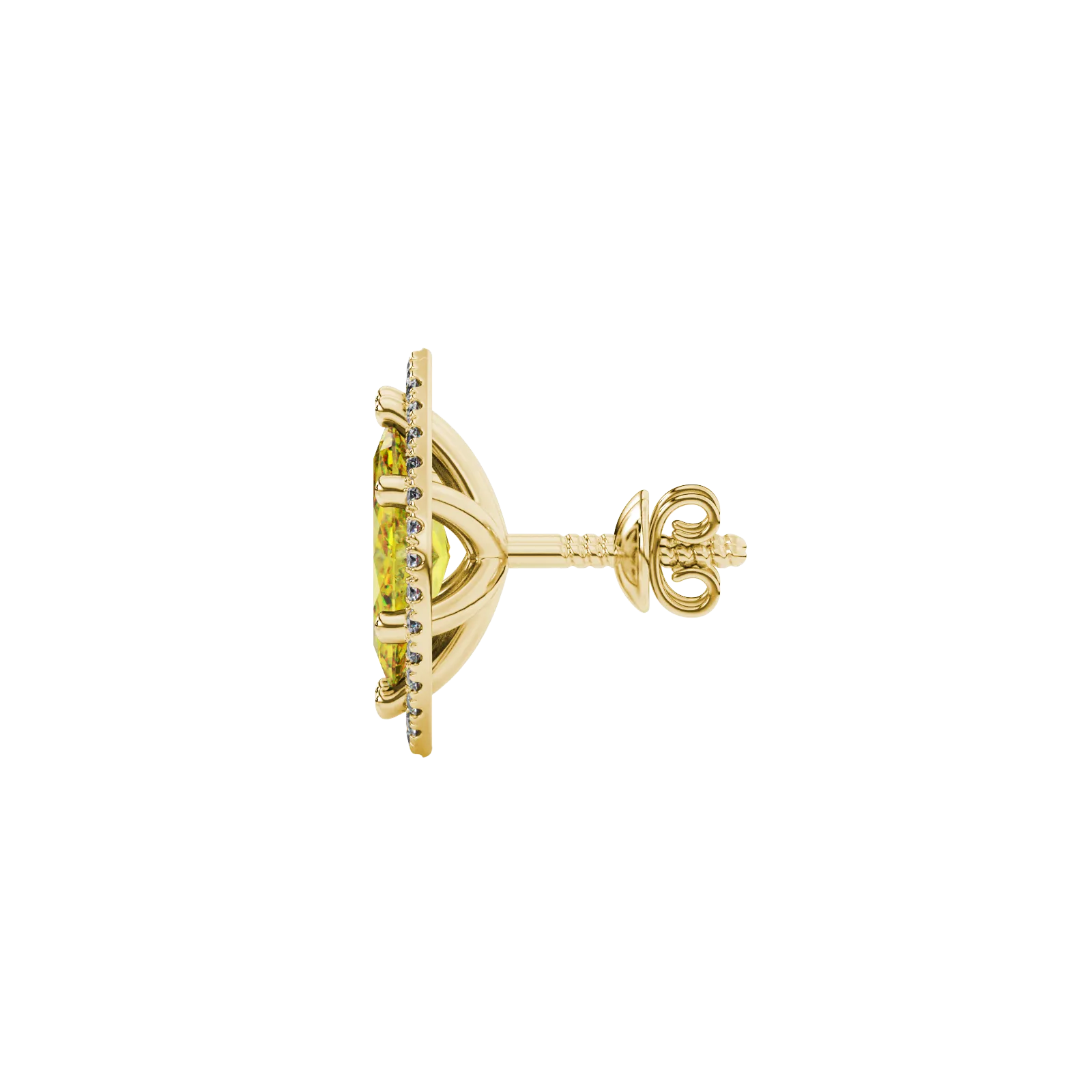 Side profile, yellow gold canary yellow earrings, French pavé halo gallery.