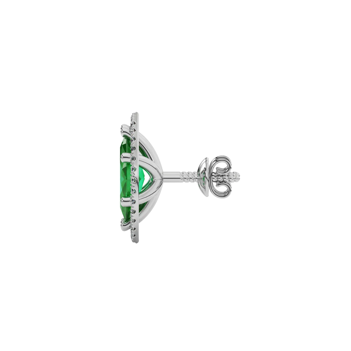 Side profile, white gold emerald green earrings, French pavé halo gallery.