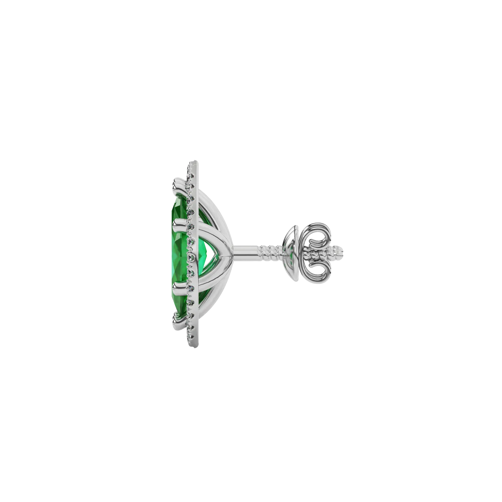 Side profile, white gold emerald green earrings, French pavé halo gallery.