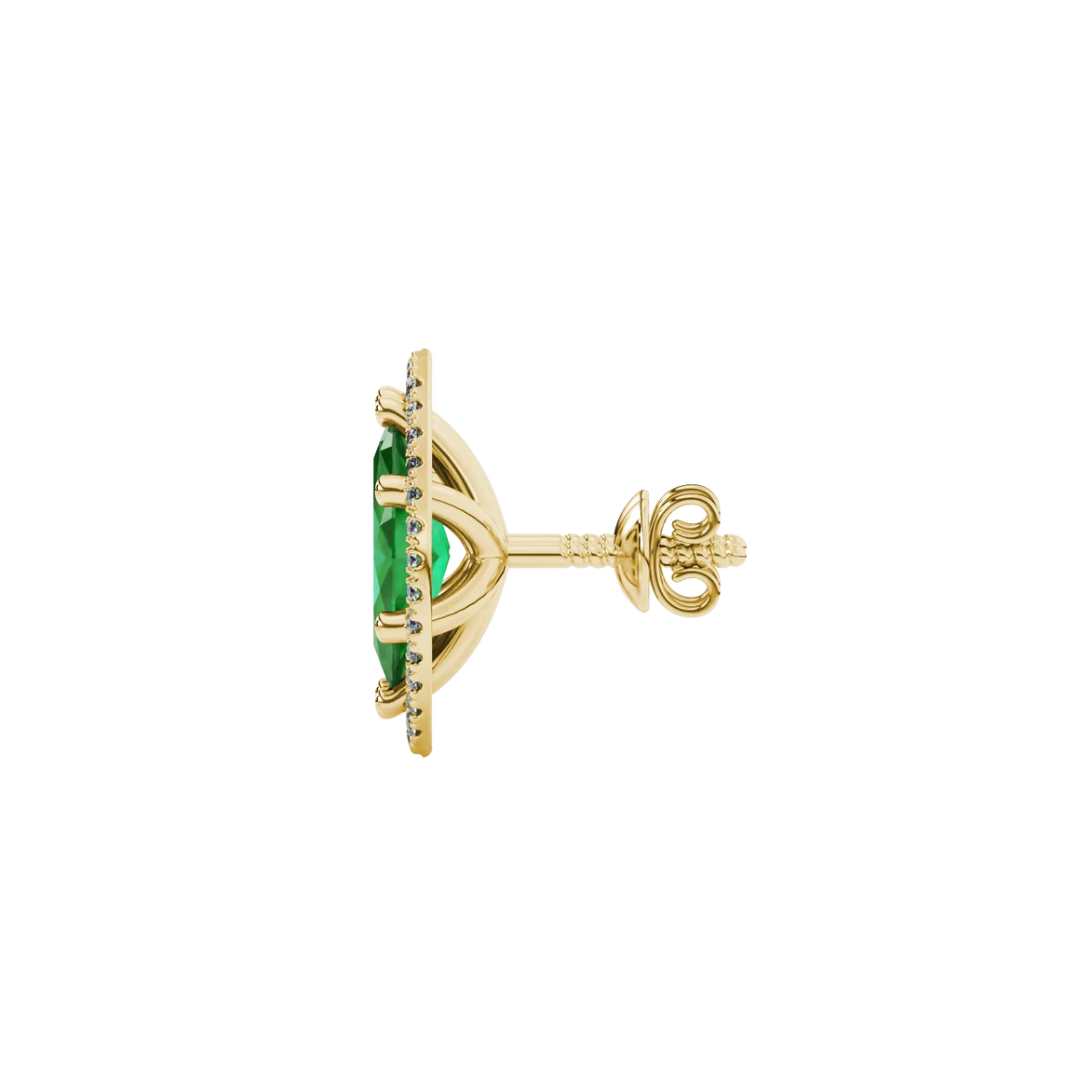 Side profile, yellow gold emerald green earrings, French pavé halo gallery.