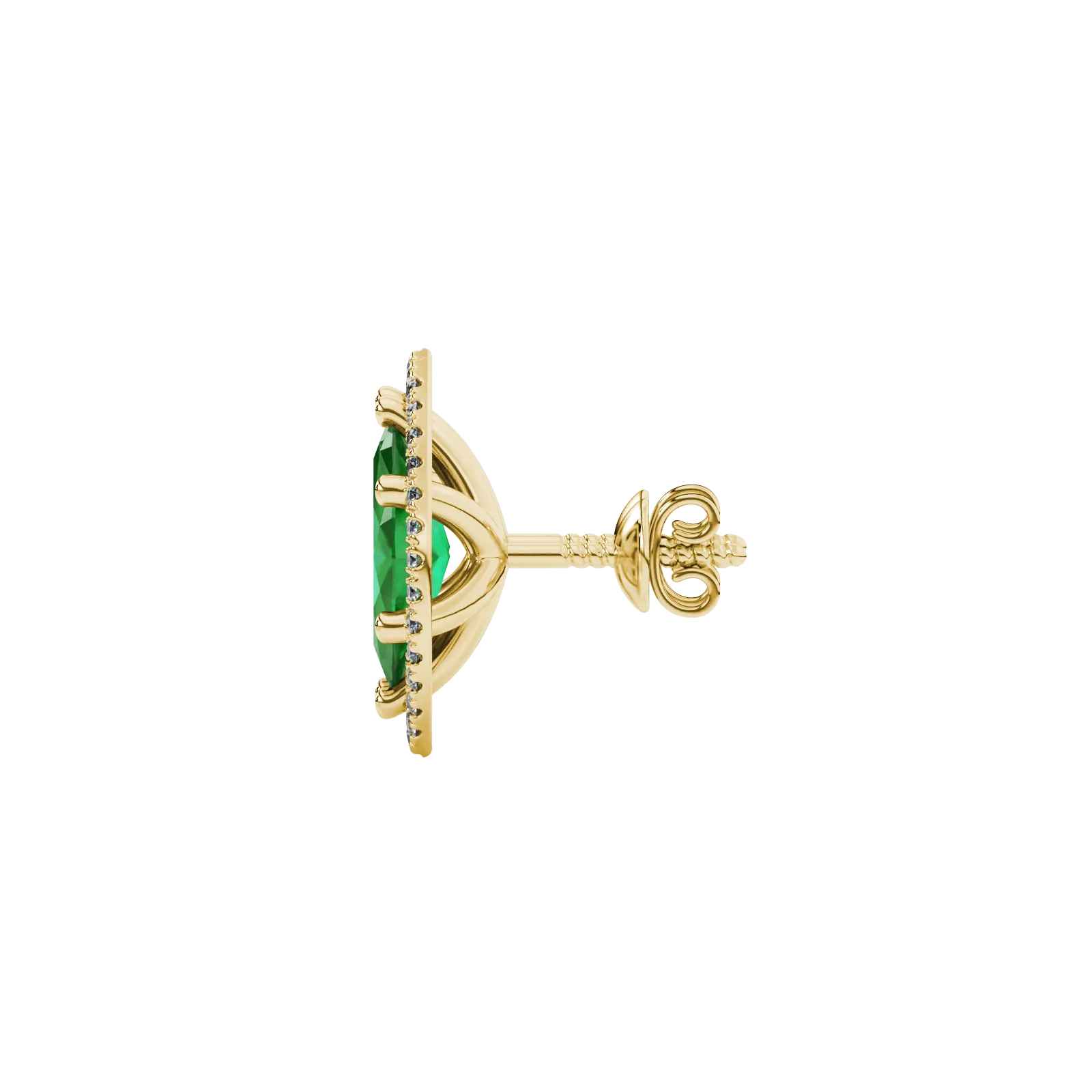 Side profile, yellow gold emerald green earrings, French pavé halo gallery.