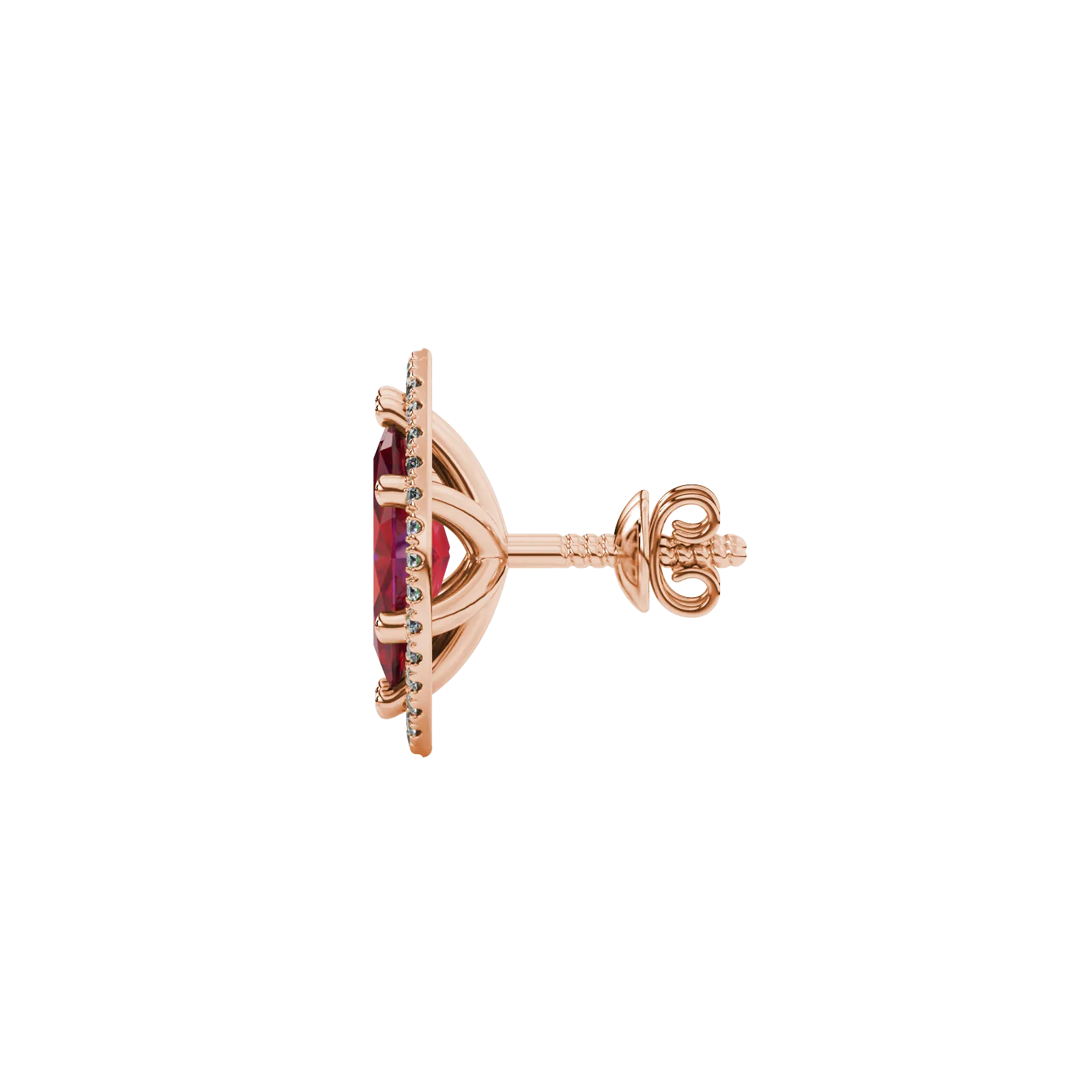 Side profile, rose gold raspberry red earrings, French pavé halo gallery.