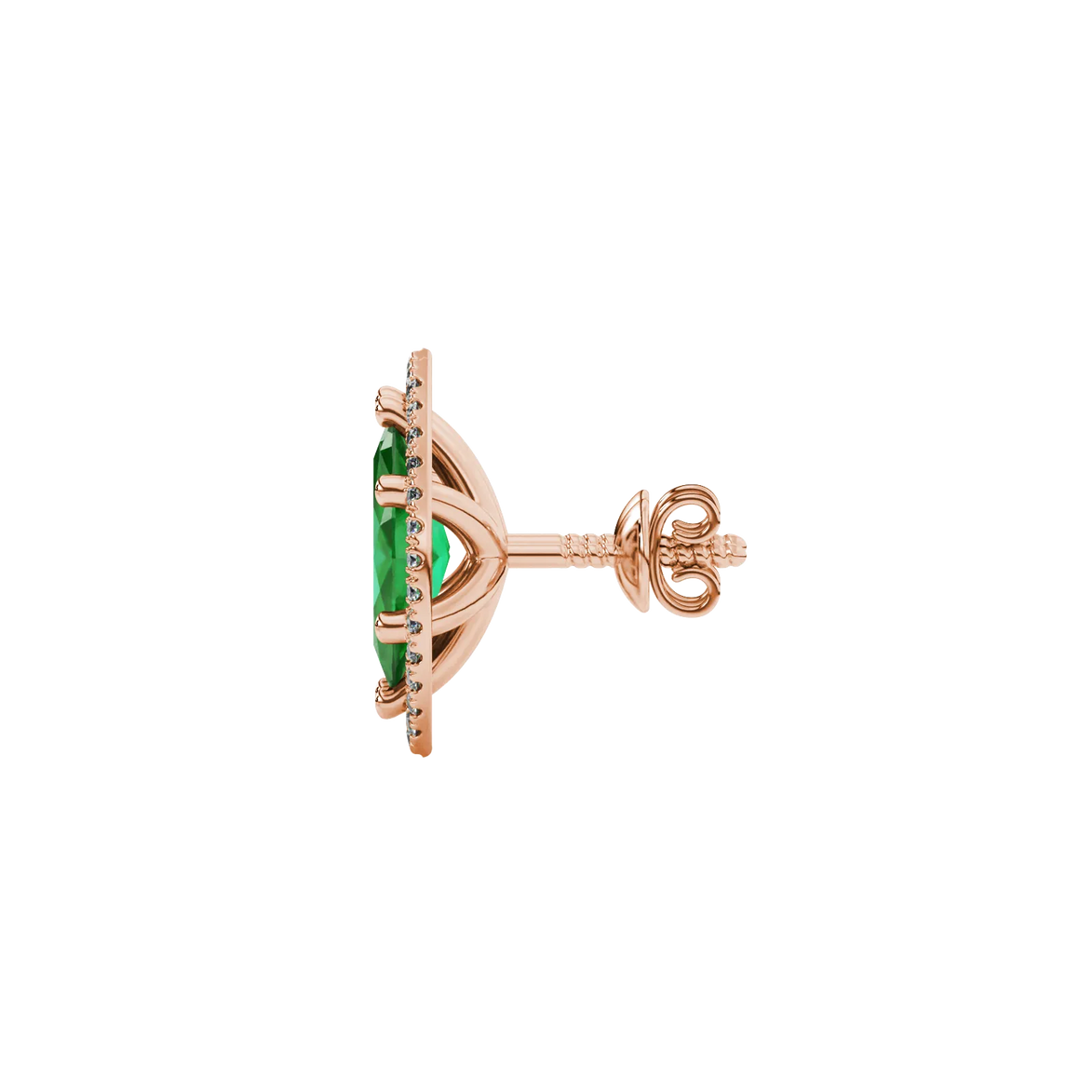 Side profile, rose gold emerald green earrings, French pavé halo gallery.