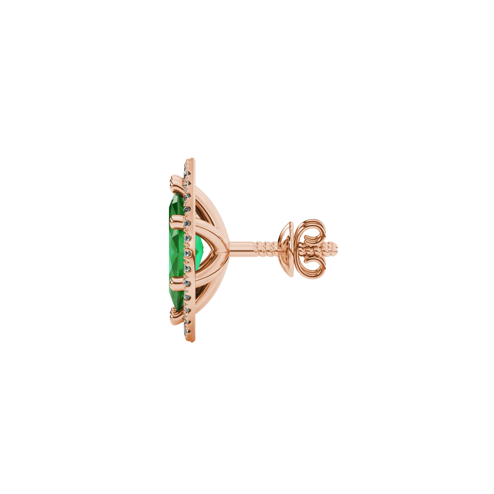 Side profile, rose gold emerald green earrings, French pavé halo gallery.