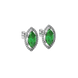 Close-up marquise cut emerald green gemstone, white gold French pavé halo